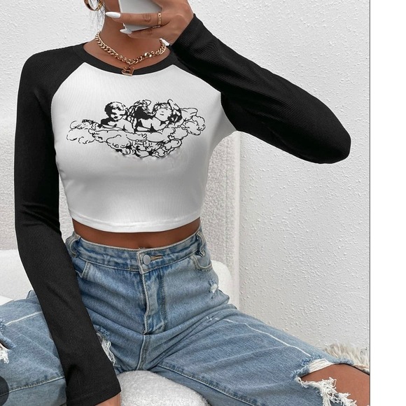 Long Sleeve Crop Top Angel Graphic Ribbed Trim Black White - Picture 1 of 5